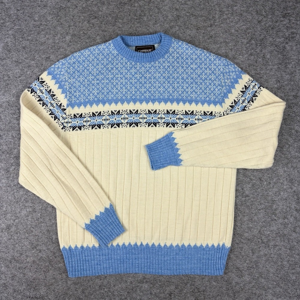 Vintage Campus Studio One Sweater White Blue Fair Isle Winter Made In USA 70s